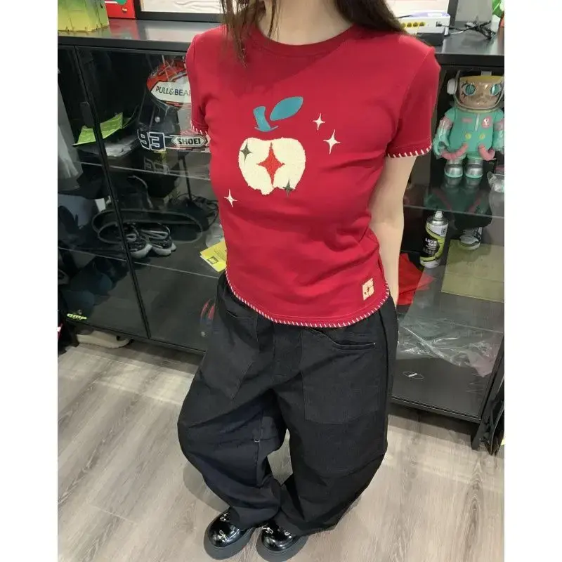 Short Sleeve Women's T-shirt Embroidered Slim Fit round Neck Cotton Casual Fun Apple Pattern Korean Style New Arrival