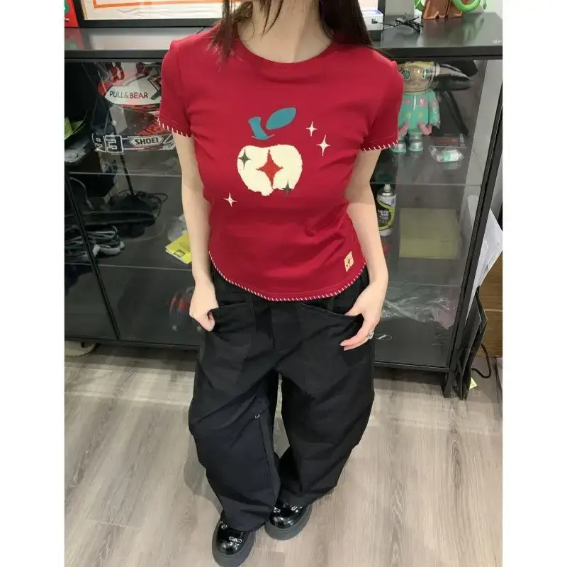 Short Sleeve Women's T-shirt Embroidered Slim Fit round Neck Cotton Casual Fun Apple Pattern Korean Style New Arrival