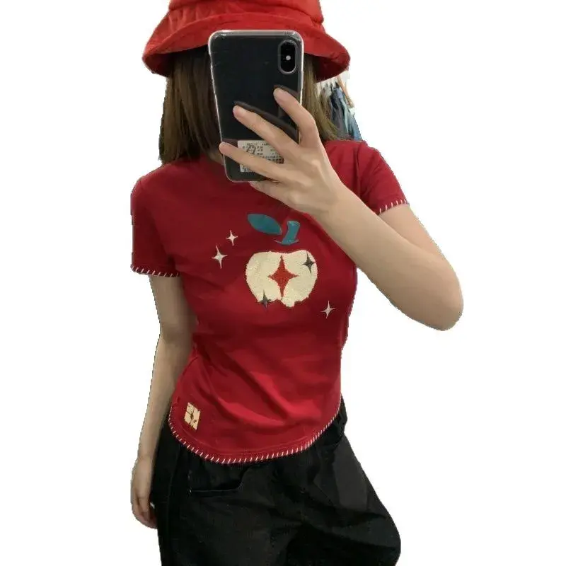 Short Sleeve Women's T-shirt Embroidered Slim Fit round Neck Cotton Casual Fun Apple Pattern Korean Style New Arrival