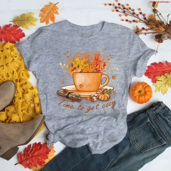 Amazon Wish Round Neck Short Sleeve T-Shirt Women's Top Crew Neck Coffee Printing Pattern Thanksgiving Day Special Buy Fast Sell