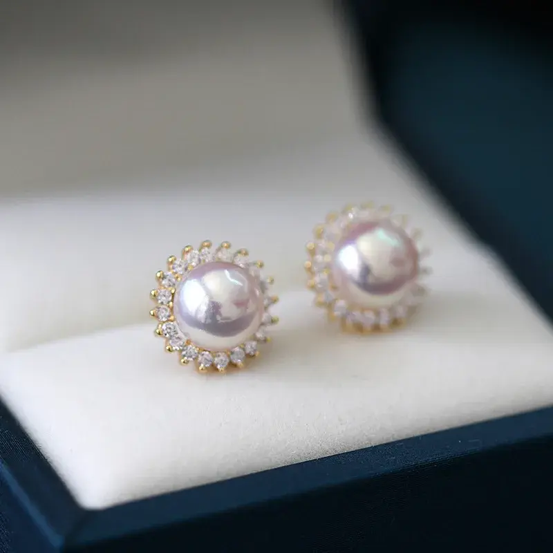 S925 Silver Plated Gold Sun Flower Embedded Diamonds Fresh Water Pearl Earrings Women's High Fat Flat Bread Ball Mirror Strong L