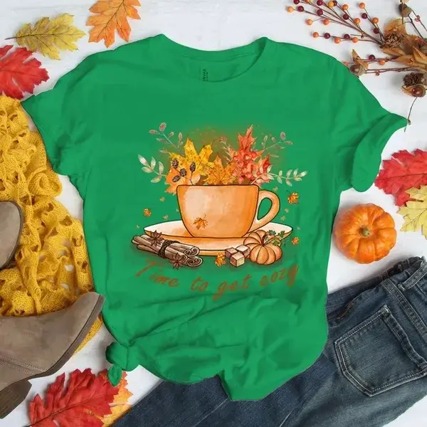 Amazon Wish Round Neck Short Sleeve T-Shirt Women's Top Crew Neck Coffee Printing Pattern Thanksgiving Day Special Buy Fast Sell