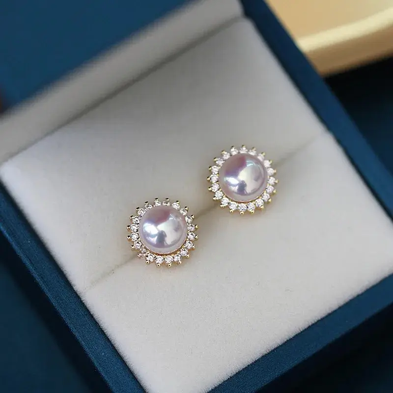 S925 Silver Plated Gold Sun Flower Embedded Diamonds Fresh Water Pearl Earrings Women's High Fat Flat Bread Ball Mirror Strong L