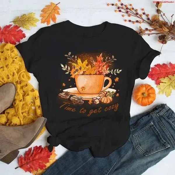 Amazon Wish Round Neck Short Sleeve T-Shirt Women's Top Crew Neck Coffee Printing Pattern Thanksgiving Day Special Buy Fast Sell