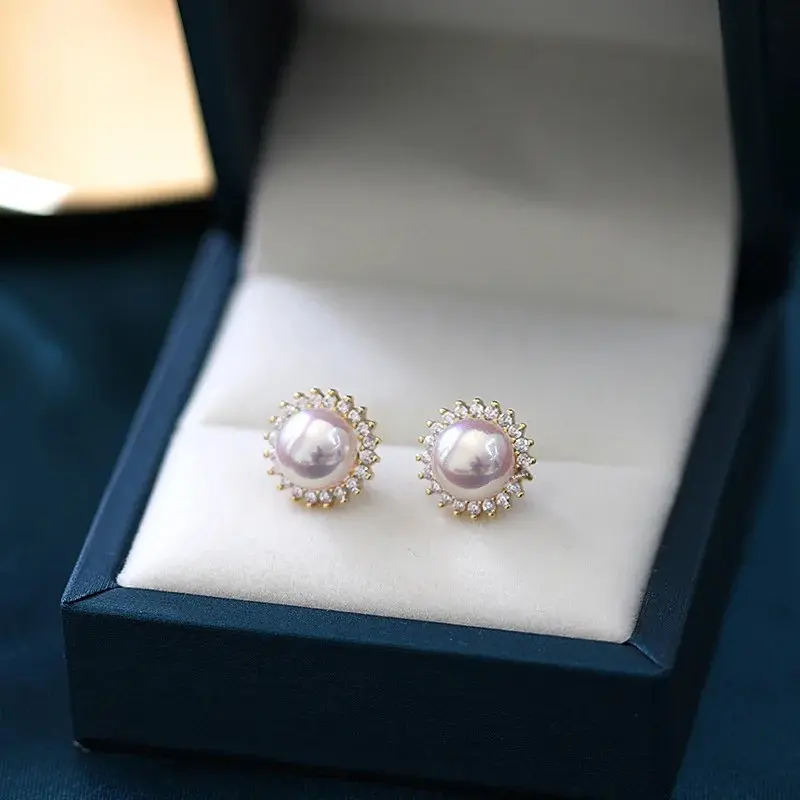 S925 Silver Plated Gold Sun Flower Embedded Diamonds Fresh Water Pearl Earrings Women's High Fat Flat Bread Ball Mirror Strong L