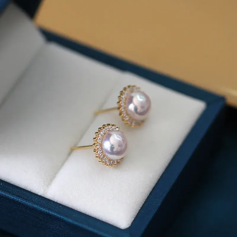 S925 Silver Plated Gold Sun Flower Embedded Diamonds Fresh Water Pearl Earrings Women's High Fat Flat Bread Ball Mirror Strong L