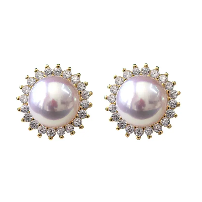 S925 Silver Plated Gold Sun Flower Embedded Diamonds Fresh Water Pearl Earrings Women's High Fat Flat Bread Ball Mirror Strong L