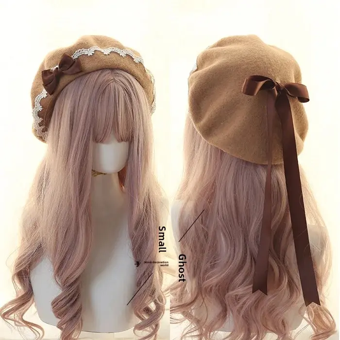 Japanese Style Beret Hat Lolita Sweet Woolen Handmade Lacebow Beret Hat Winter Season China Mainland Origin Serious Accessories