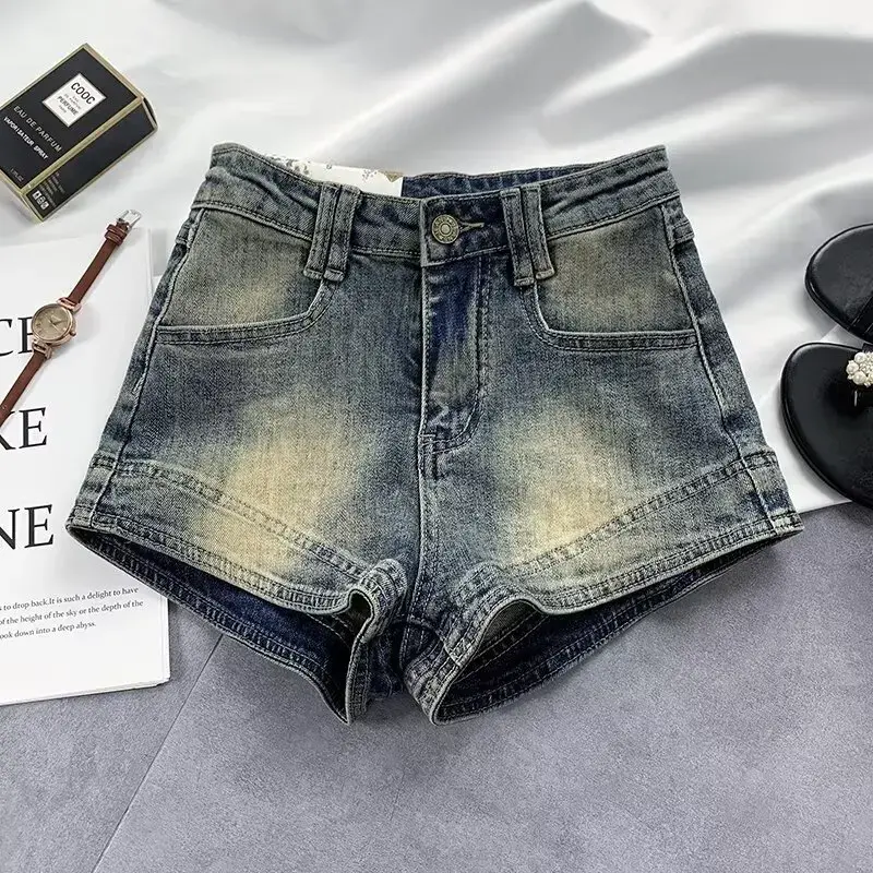 Summer American Style Sweet Spicy Vintagedenim Shorts Women's High-Waisted Slimming Distressed A- Line Trendy Cotton Short Pants