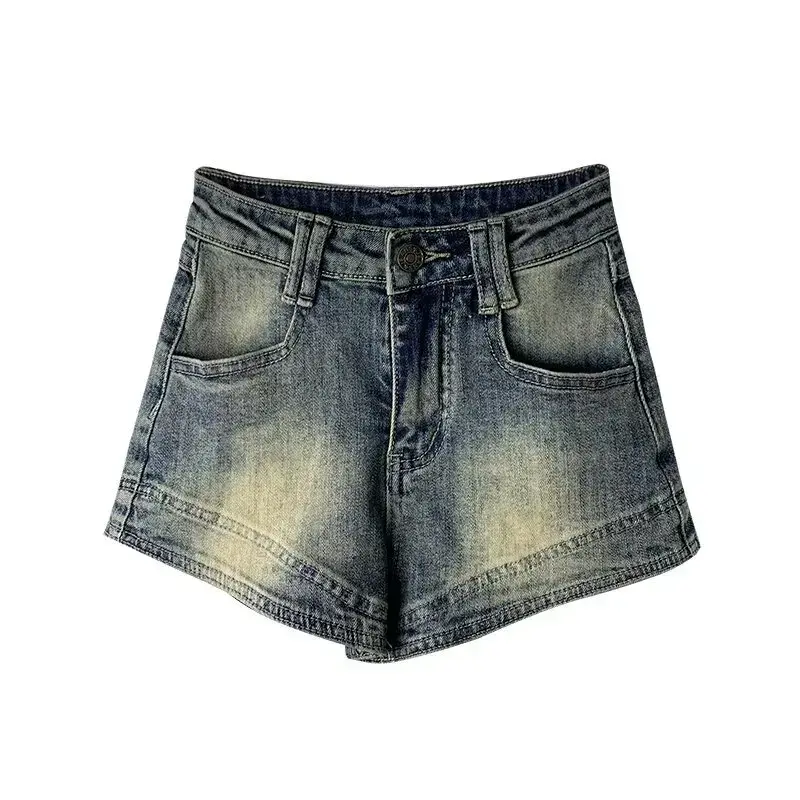 Summer American Style Sweet Spicy Vintagedenim Shorts Women's High-Waisted Slimming Distressed A- Line Trendy Cotton Short Pants