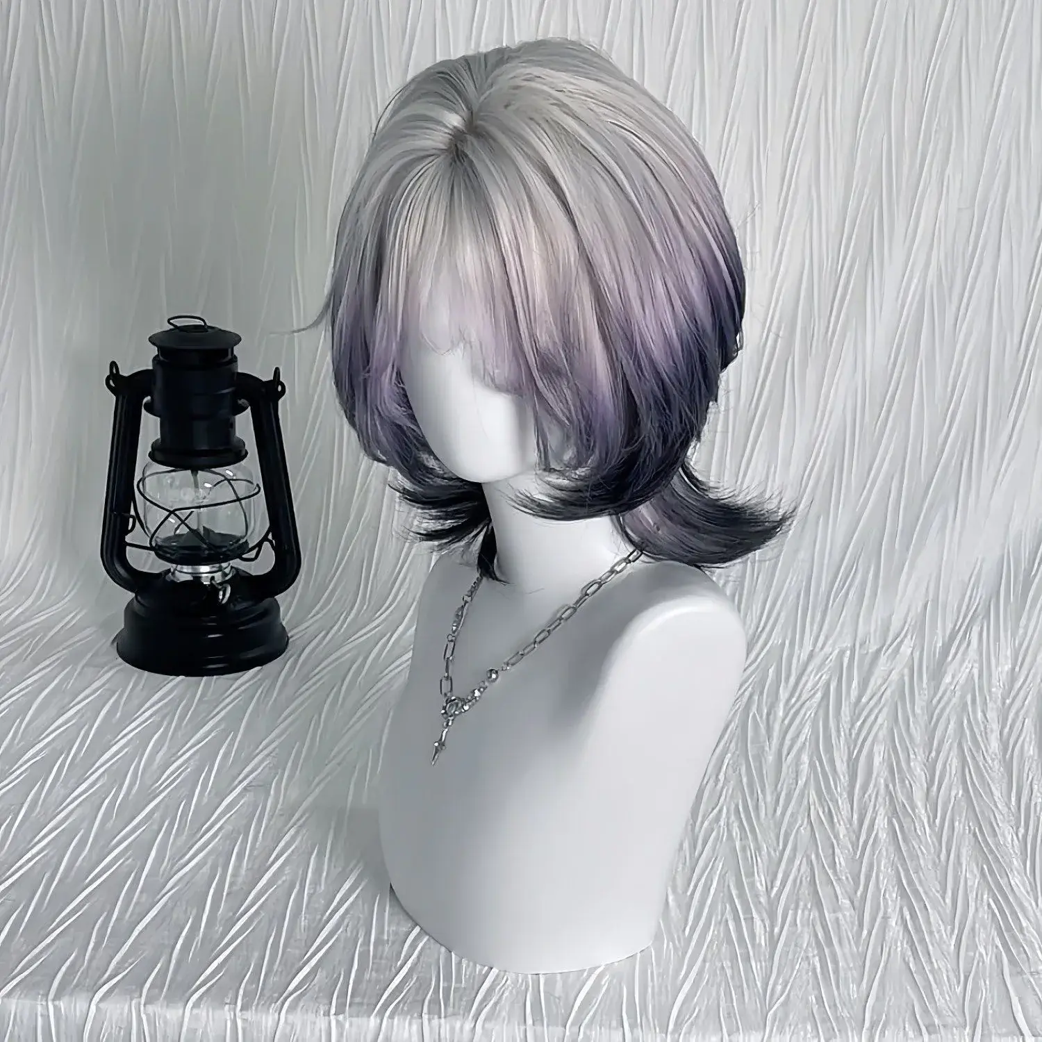 Women's Gradient Pink Purple Short Bob Wig with Bangs Highlighted Top Dyeing Full Head Cover Fiber Mechanism Hair Extension