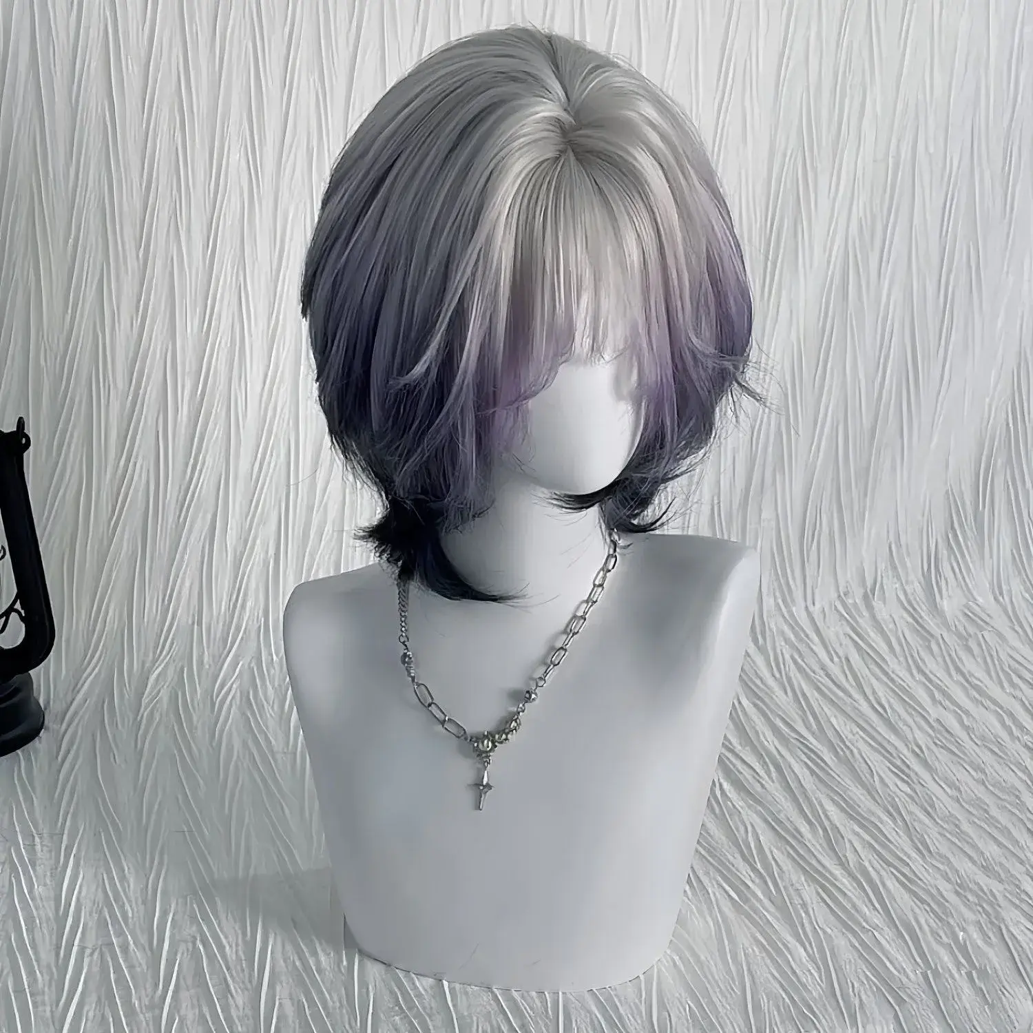 Women's Gradient Pink Purple Short Bob Wig with Bangs Highlighted Top Dyeing Full Head Cover Fiber Mechanism Hair Extension