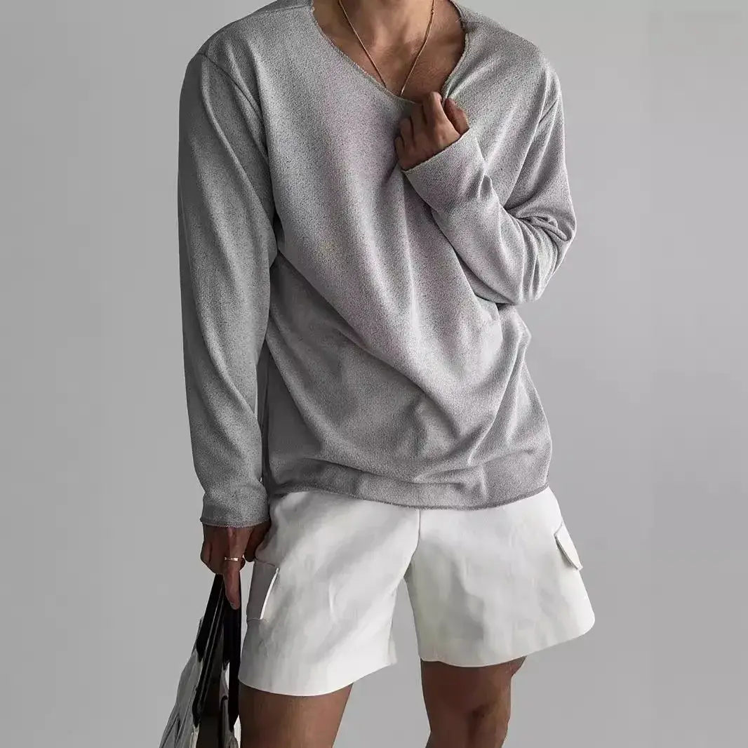 Casual Breathable Knitted T-Shirt For Men Lightweight Summer Loose-Fit Long Sleeve Sun Protection Cover Ups American Style