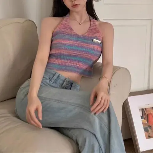 Dopamine Stripe Knitted Vest Women's Inner Wear Summer Beautiful Outerwear Colorful Backless Top Versatile Fashionable Tank