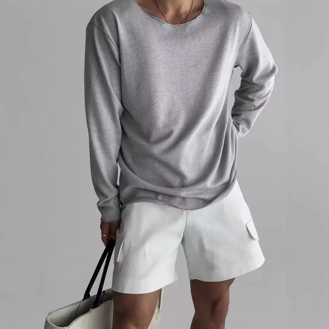 Casual Breathable Knitted T-Shirt For Men Lightweight Summer Loose-Fit Long Sleeve Sun Protection Cover Ups American Style