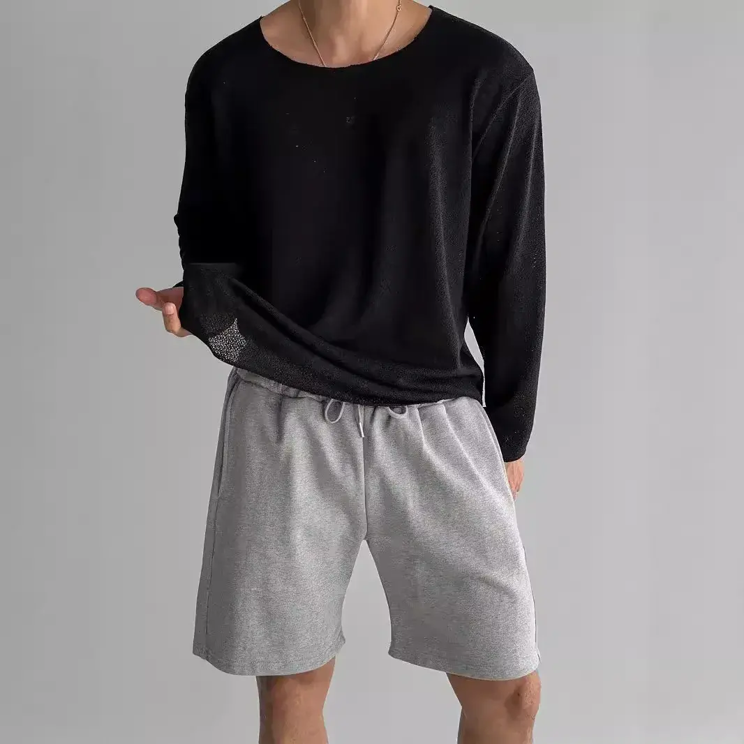 Casual Breathable Knitted T-Shirt For Men Lightweight Summer Loose-Fit Long Sleeve Sun Protection Cover Ups American Style