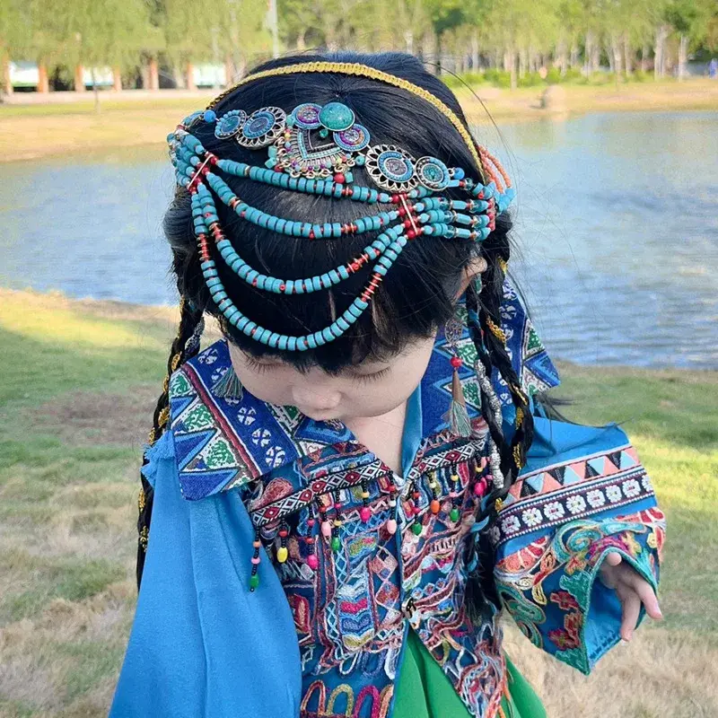 Bohemian Tibetan Style Women's Necklace Set Travel Photo Headwear Ethnic Minority Forehead Chain Vintage Female Accessories
