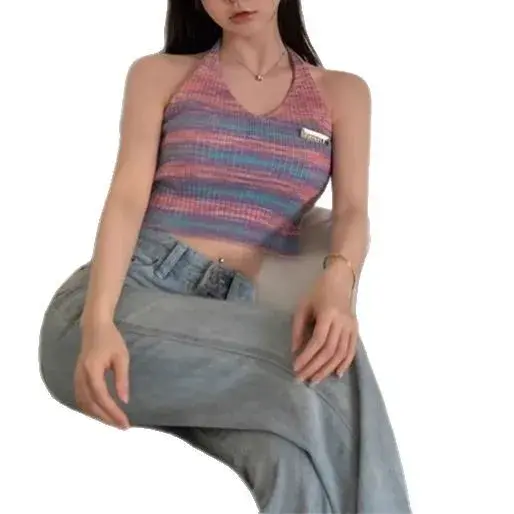 Dopamine Stripe Knitted Vest Women's Inner Wear Summer Beautiful Outerwear Colorful Backless Top Versatile Fashionable Tank