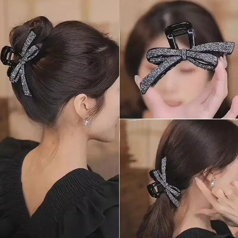 Korean Style Rhinestone Butterfly Knot Hair Clip Women's High Ponytail Bun Shark Clamp Fixed Hair Clip Hair Accessory