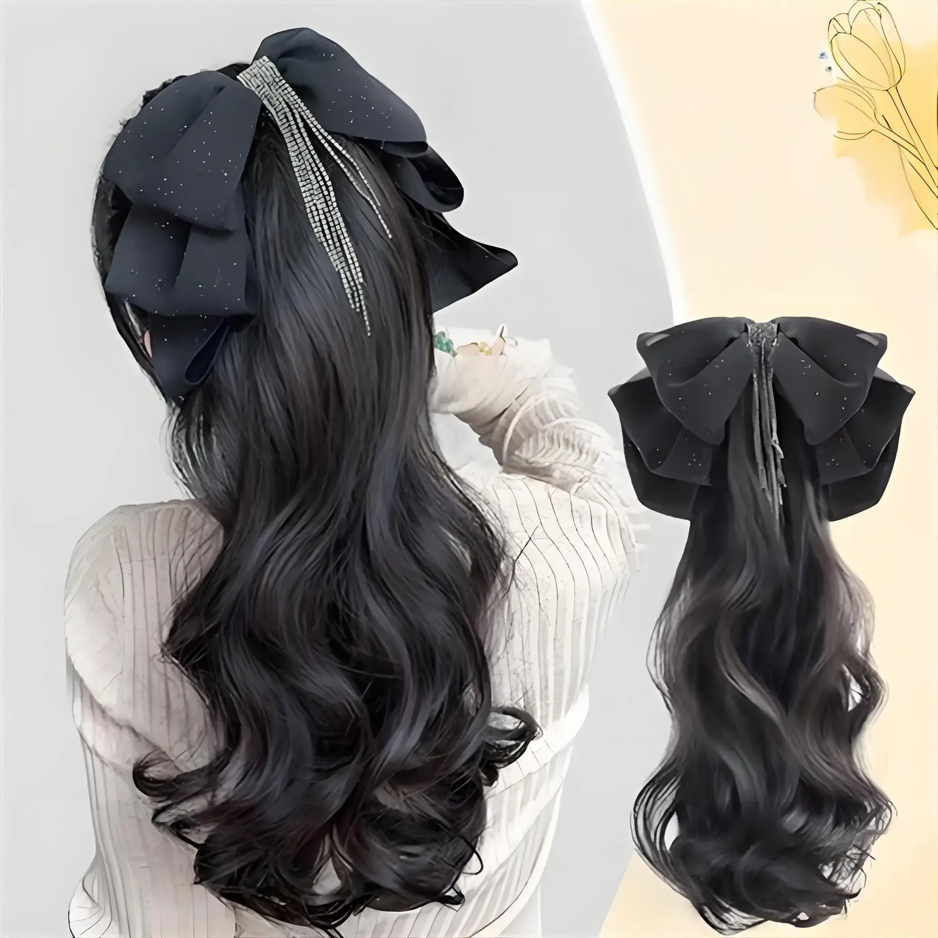 High Ponytail Wig Women's Long Curling Tassel Butterfly Knot Hair Clip Fake Braid Low Ponytail Wig Asian Fiber Tail