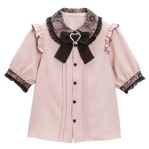 Dearmylove Japanese Style Lolita Shirt Dreamy Top Casual Loose Fit Crystal Embellishments Sentimentally Bow Decorated Blouse