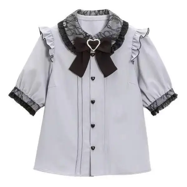 Dearmylove Japanese Style Lolita Shirt Dreamy Top Casual Loose Fit Crystal Embellishments Sentimentally Bow Decorated Blouse