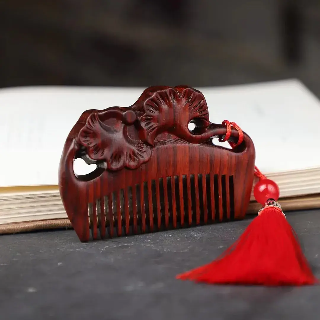 Miniature Green Sandalwood Hair Comb Carved Floral Design Baggage Comb Gift Comb Children's Pocket Comb Parting Hair Comb