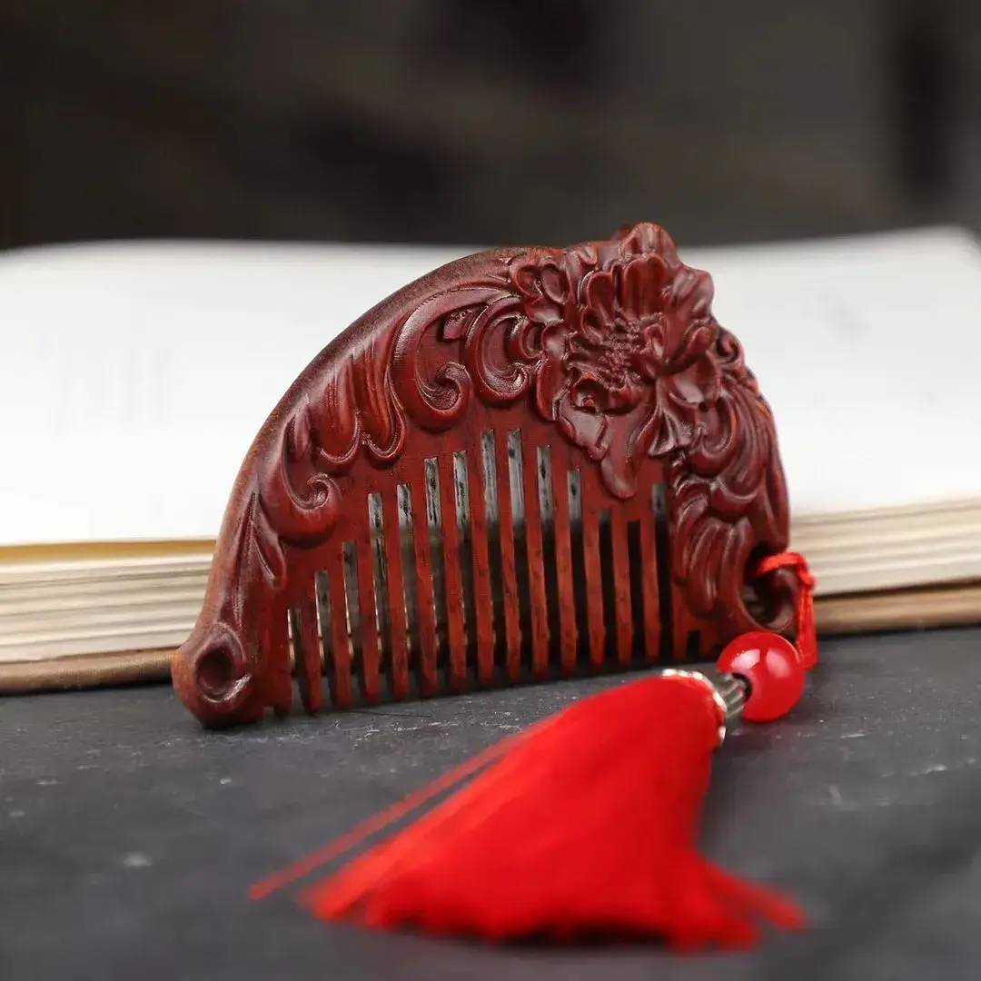 Miniature Green Sandalwood Hair Comb Carved Floral Design Baggage Comb Gift Comb Children's Pocket Comb Parting Hair Comb