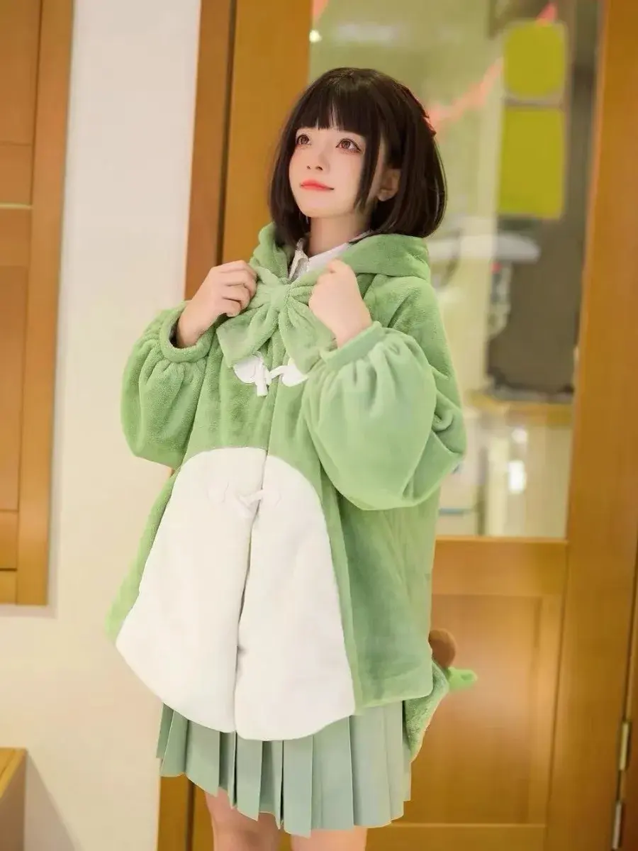 Warm Plush Hooded Dinosaur Coat Cute Lolita Autumn Winter Soft Girl Jacket Trendy Full Sleeve Polyester Fiber Thickened Outerwea