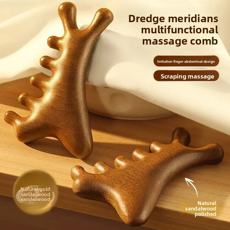 Four-In-One Sandalwood Massage Comb Scalp Facial Cupping Meridian Unblocking Comb Professional Hair Salon Tool for Black Hair An