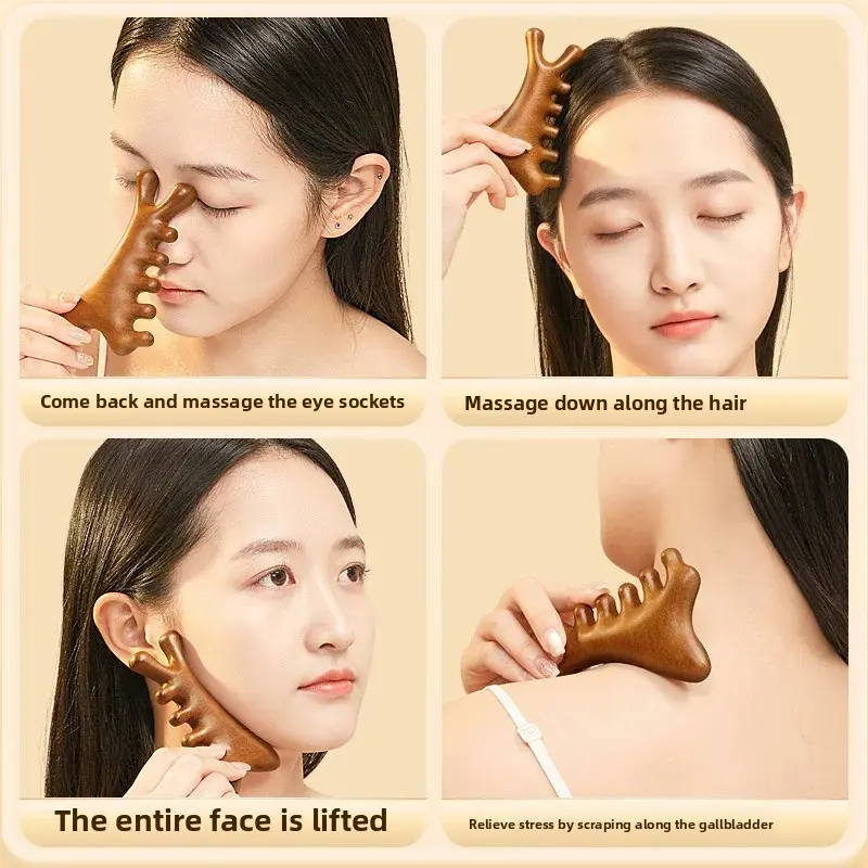 Four-In-One Sandalwood Massage Comb Scalp Facial Cupping Meridian Unblocking Comb Professional Hair Salon Tool for Black Hair An