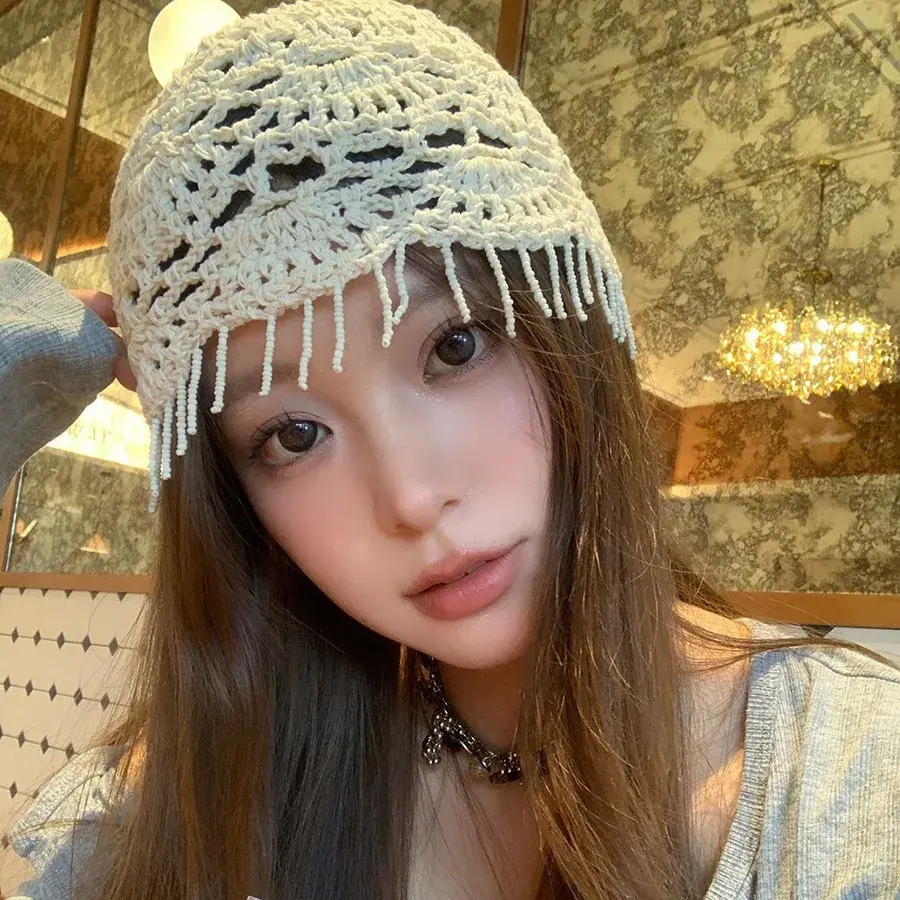 Hand Knitted Bohemian Style Thin Spring Autumn Tassel Hollow out Knit Hat Women Face Slimming Vintage Wrap Head Cap