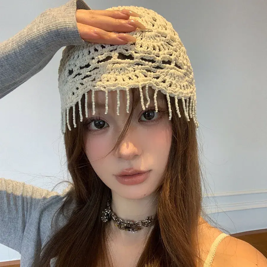 Hand Knitted Bohemian Style Thin Spring Autumn Tassel Hollow out Knit Hat Women Face Slimming Vintage Wrap Head Cap