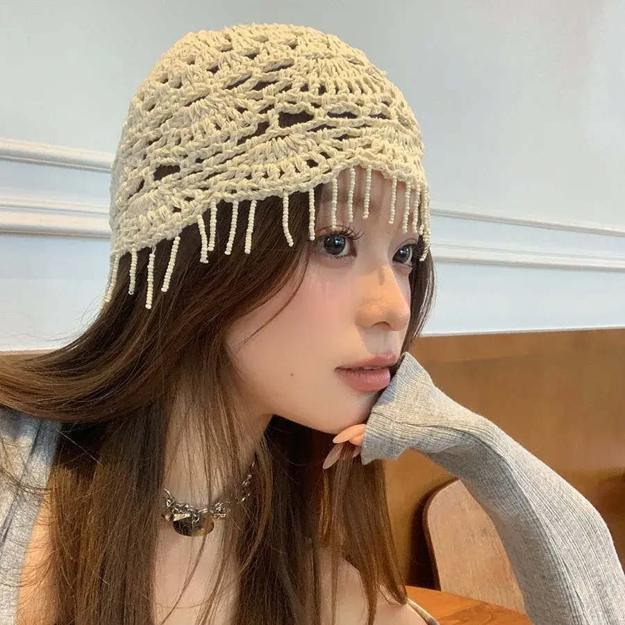 Hand Knitted Bohemian Style Thin Spring Autumn Tassel Hollow out Knit Hat Women Face Slimming Vintage Wrap Head Cap