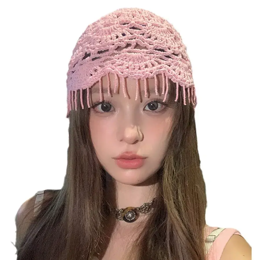 Hand Knitted Bohemian Style Thin Spring Autumn Tassel Hollow out Knit Hat Women Face Slimming Vintage Wrap Head Cap