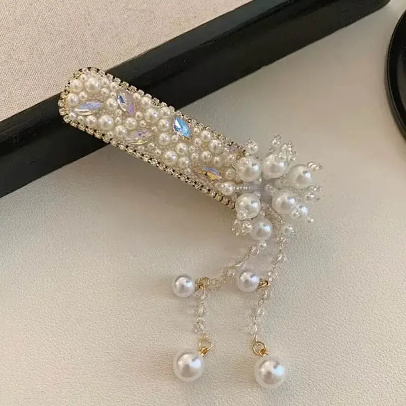 Elegant Long Pearl Tassel Hair Clip Women's High-End Feelings New Chinese Style Side Clip Hair Accessories Salon Fixed Hair Clip