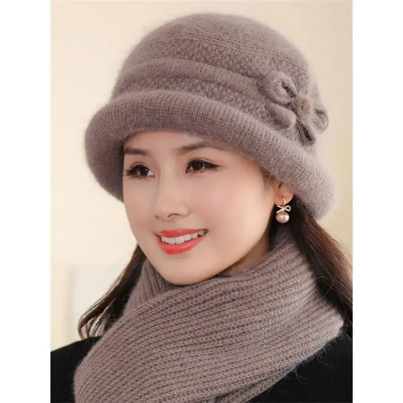 Warm Fleece Lined Knitted Woolen Cap for Middle Aged And Elderly Women Cotton Bucket Hat Grandma Old Lady Knitted Hat