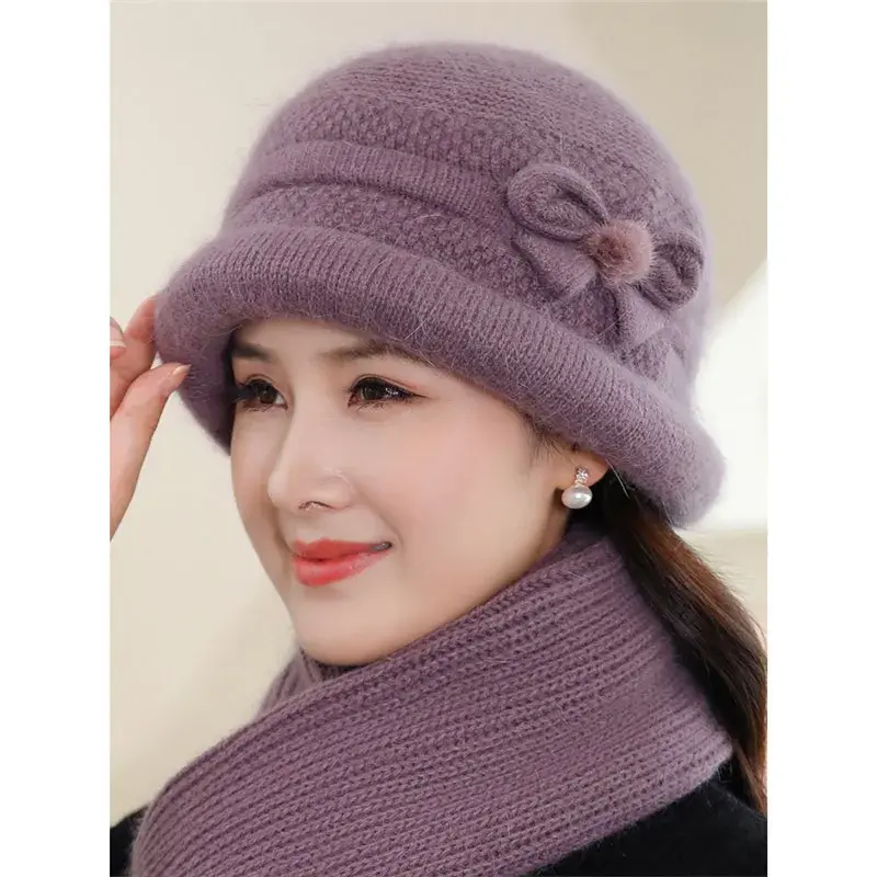 Warm Fleece Lined Knitted Woolen Cap for Middle Aged And Elderly Women Cotton Bucket Hat Grandma Old Lady Knitted Hat