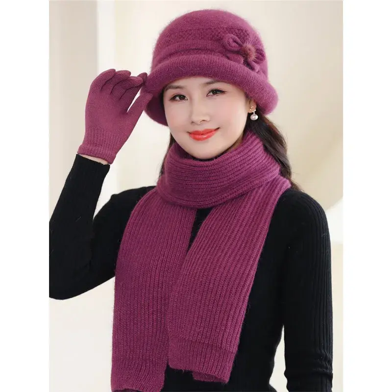 Warm Fleece Lined Knitted Woolen Cap for Middle Aged And Elderly Women Cotton Bucket Hat Grandma Old Lady Knitted Hat