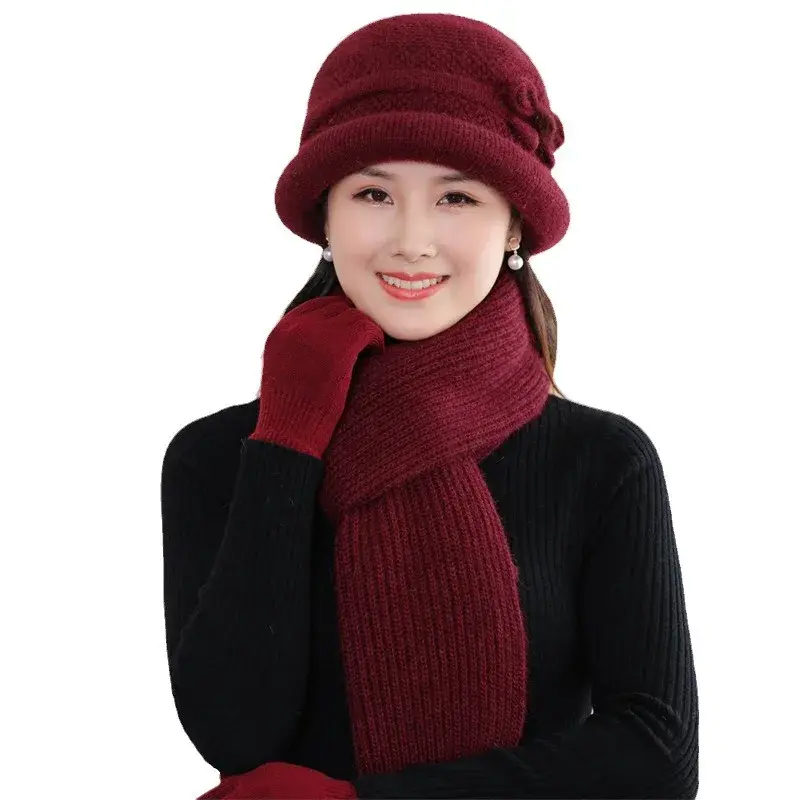 Warm Fleece Lined Knitted Woolen Cap for Middle Aged And Elderly Women Cotton Bucket Hat Grandma Old Lady Knitted Hat