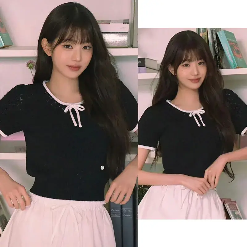 Star Style Hollow Color Block Short Sleeve T-Shirt Knitted Top Women's Spring Summer New Slimming Petite Cropped Top Crew Neck