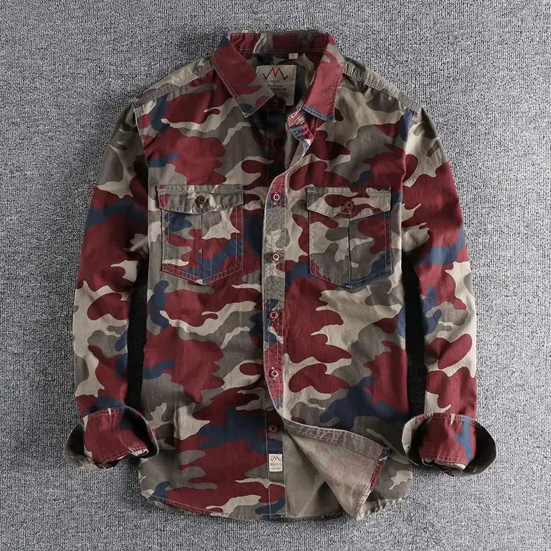 Trendy Camouflage Long Sleeve Work Shirt For Men Casual Loose Fit Wear Resistant Top Layer Clothing American Style