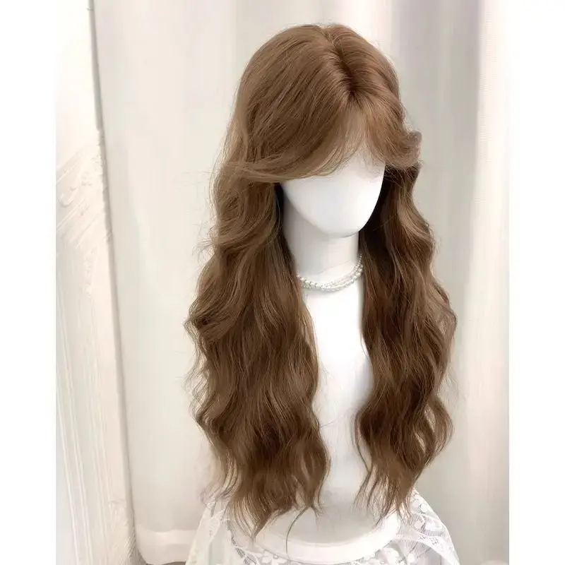 Summer Style Women's Full Head Wig Linen Brown Korean Wave Pattern White Enhancing Hairpiece Comfortable Lightweight Synthetic F
