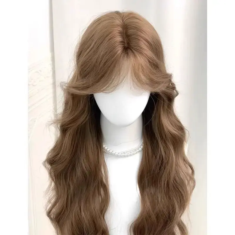 Summer Style Women's Full Head Wig Linen Brown Korean Wave Pattern White Enhancing Hairpiece Comfortable Lightweight Synthetic F