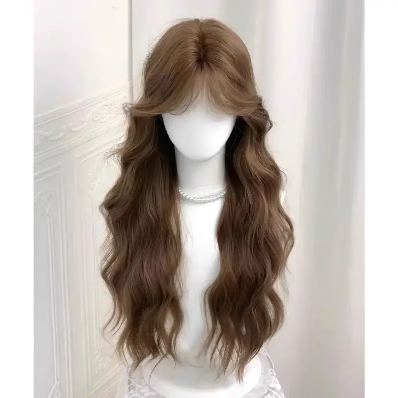 Summer Style Women's Full Head Wig Linen Brown Korean Wave Pattern White Enhancing Hairpiece Comfortable Lightweight Synthetic F
