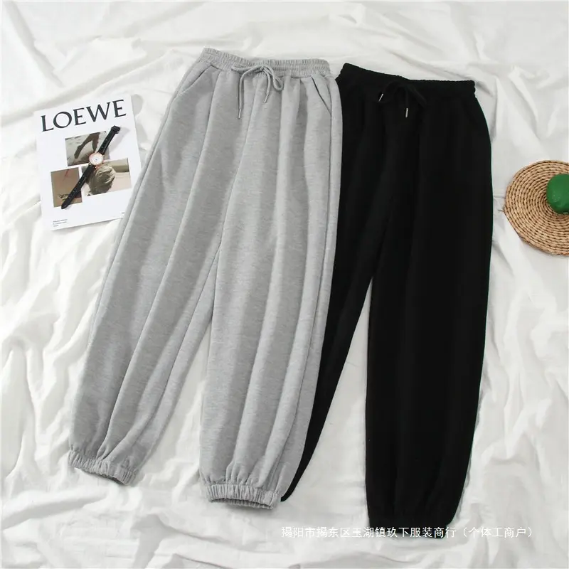 Women's Autumn Winter Casual Sports Loose Slimming Versatile Fleece-lined Outerwear Straight-leg Cuffed Pants Carrot Sweatpants