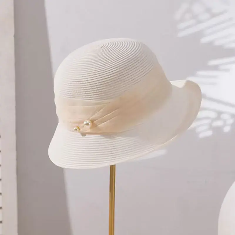 Women's Straw Hat Summer Spring Folded Edge Sunscreen Fishing Cap Fashionable Versatile Travel Pearl Embedded New 2025