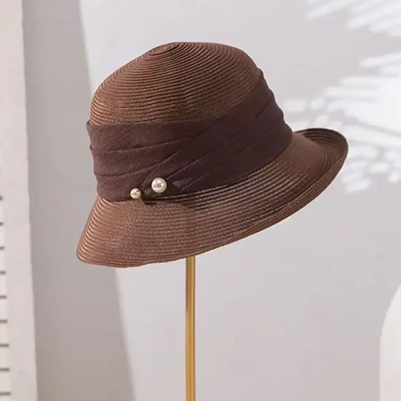 Women's Straw Hat Summer Spring Folded Edge Sunscreen Fishing Cap Fashionable Versatile Travel Pearl Embedded New 2025