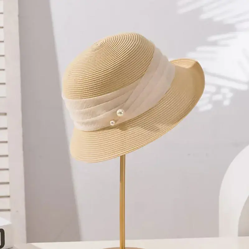 Women's Straw Hat Summer Spring Folded Edge Sunscreen Fishing Cap Fashionable Versatile Travel Pearl Embedded New 2025