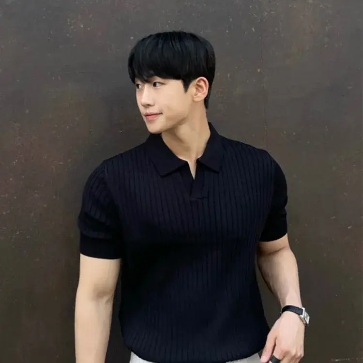 Trendy Polo Shirt For Men Summer Solid Color Top Versatile Knit Style Korean Short Sleeves Casual Fashion T-shirt